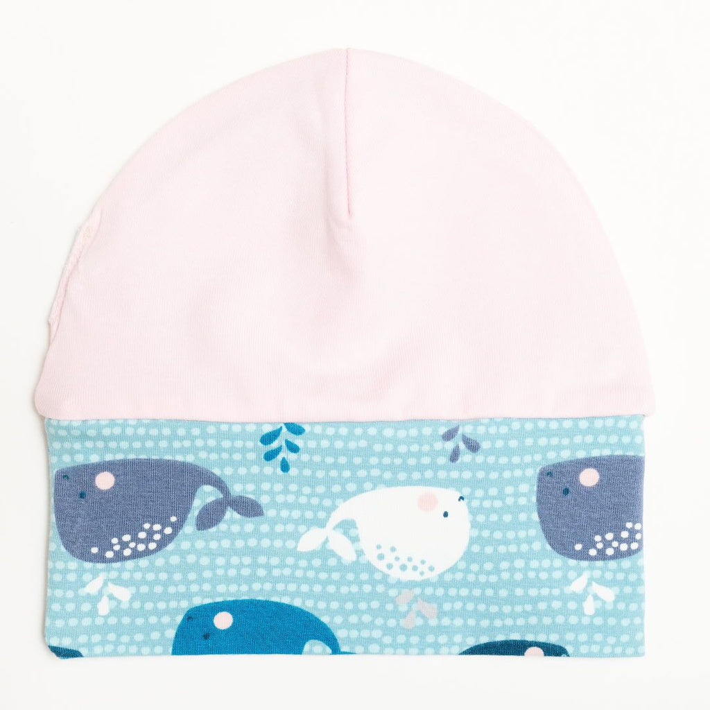 Lined baby hat "Whales/Baby Pink"