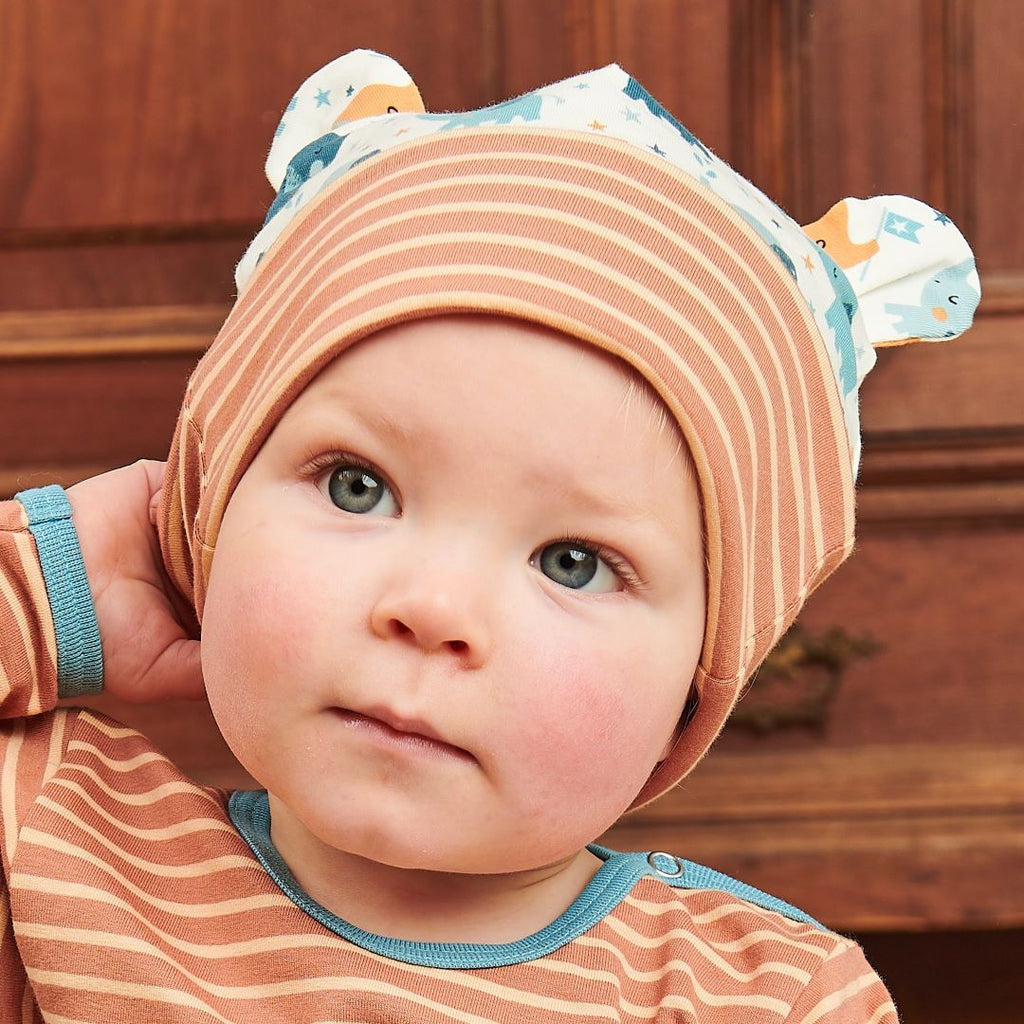 Lined baby hat with ears "Baby Elephant | Stripes Caramel"