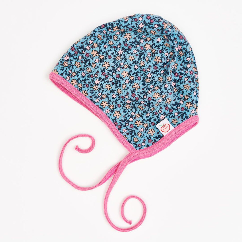 Lined baby hat with ear flaps "Missy Flower | Nicki Pagoda Blue"
