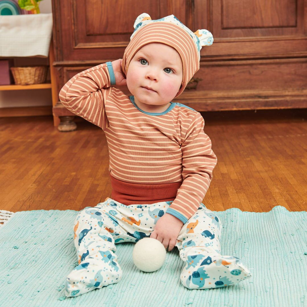 Lined baby hat with ears "Baby Elephant | Stripes Caramel"