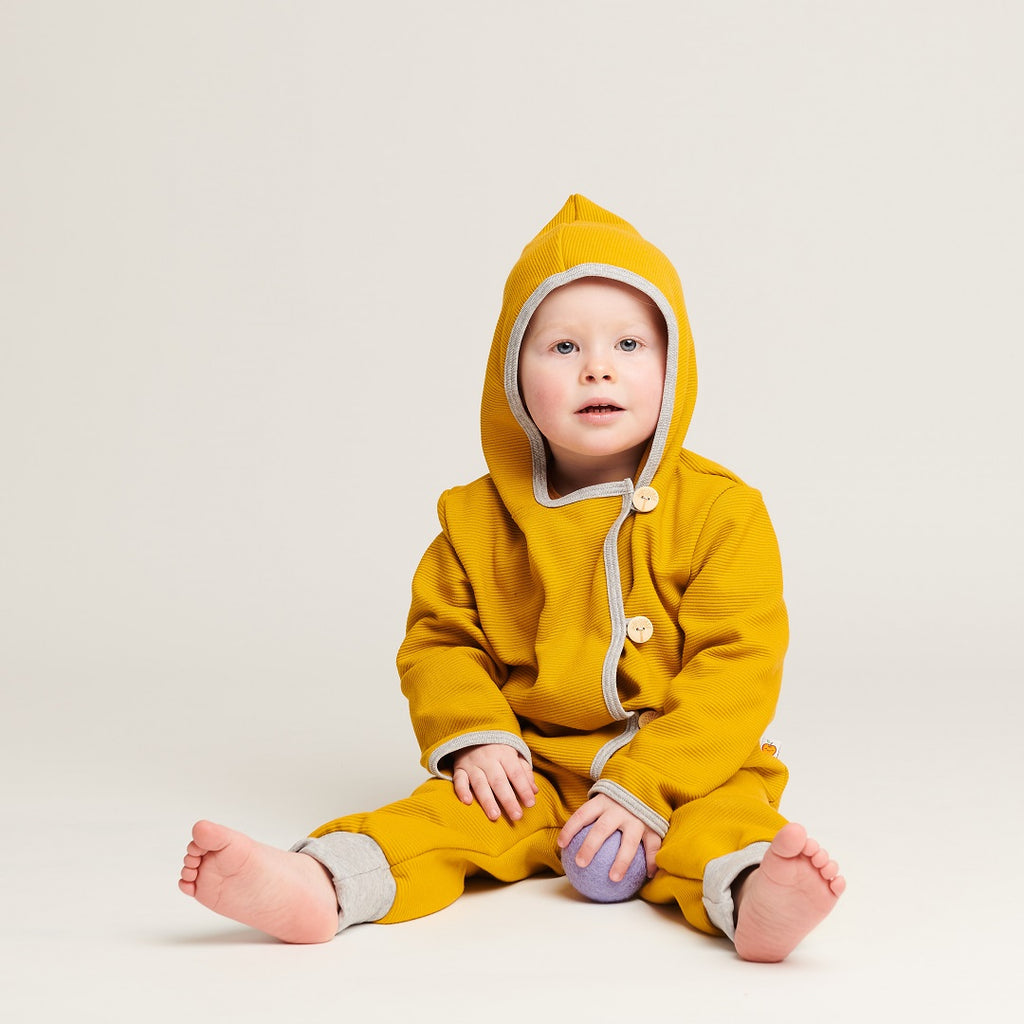 Baby Hoodie Jacket "Rib Mustard/Dotties Blue" - Cheeky Apple