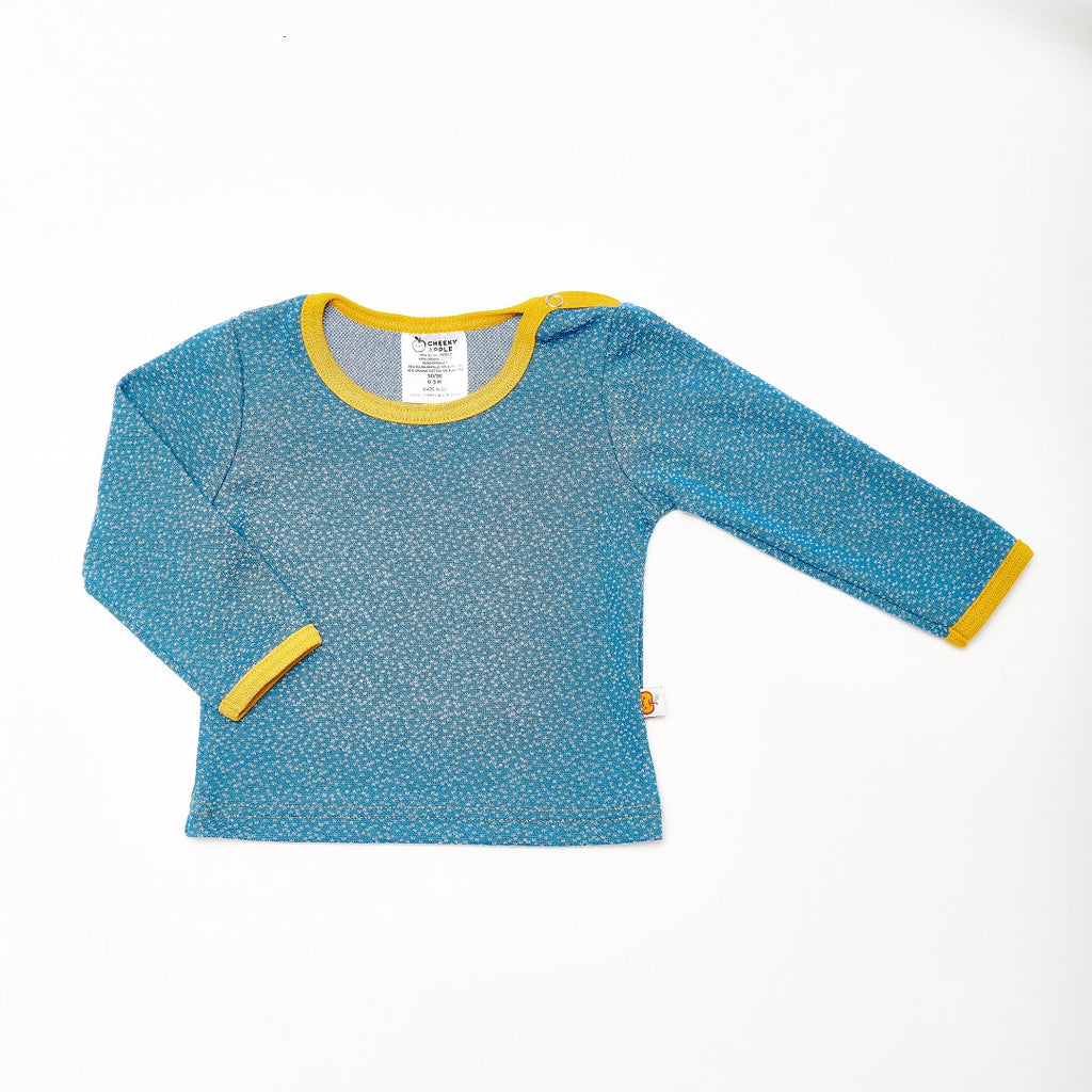 Bio Langarm Baby-Shirt "Dotties Blau/Senf" aus 100% Bio-Baumwolle