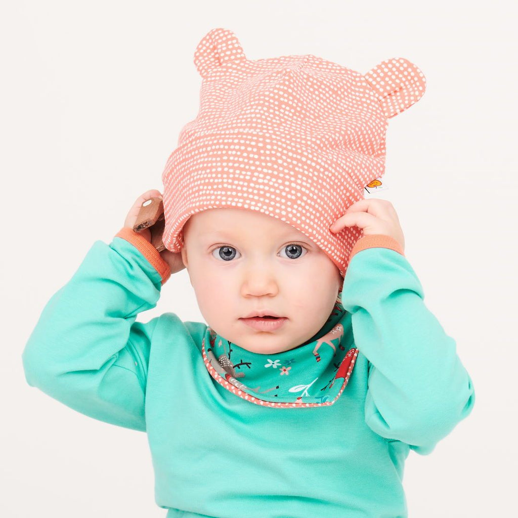 Lined baby hat with ears "Dotted Lines Coral"