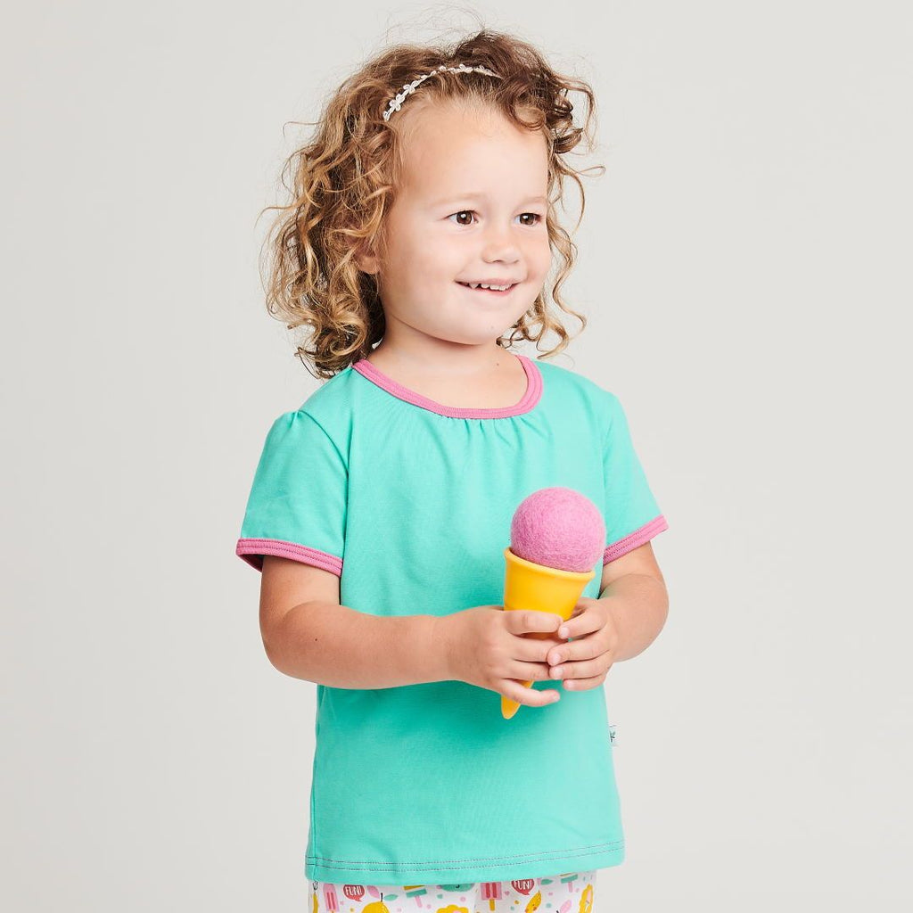 Organic girls shortsleeve top "Mint | Pink"  made from 97% organic cotton and 3% elastane