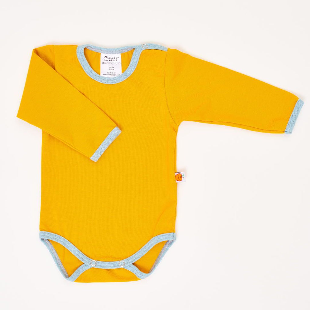 Long-sleeve baby body "Mustard/Stone Blue"