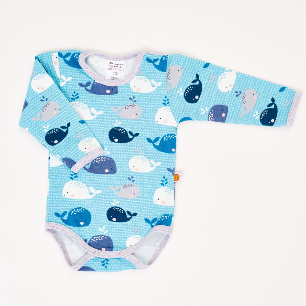 Long-sleeve baby body "Whales/Grey"