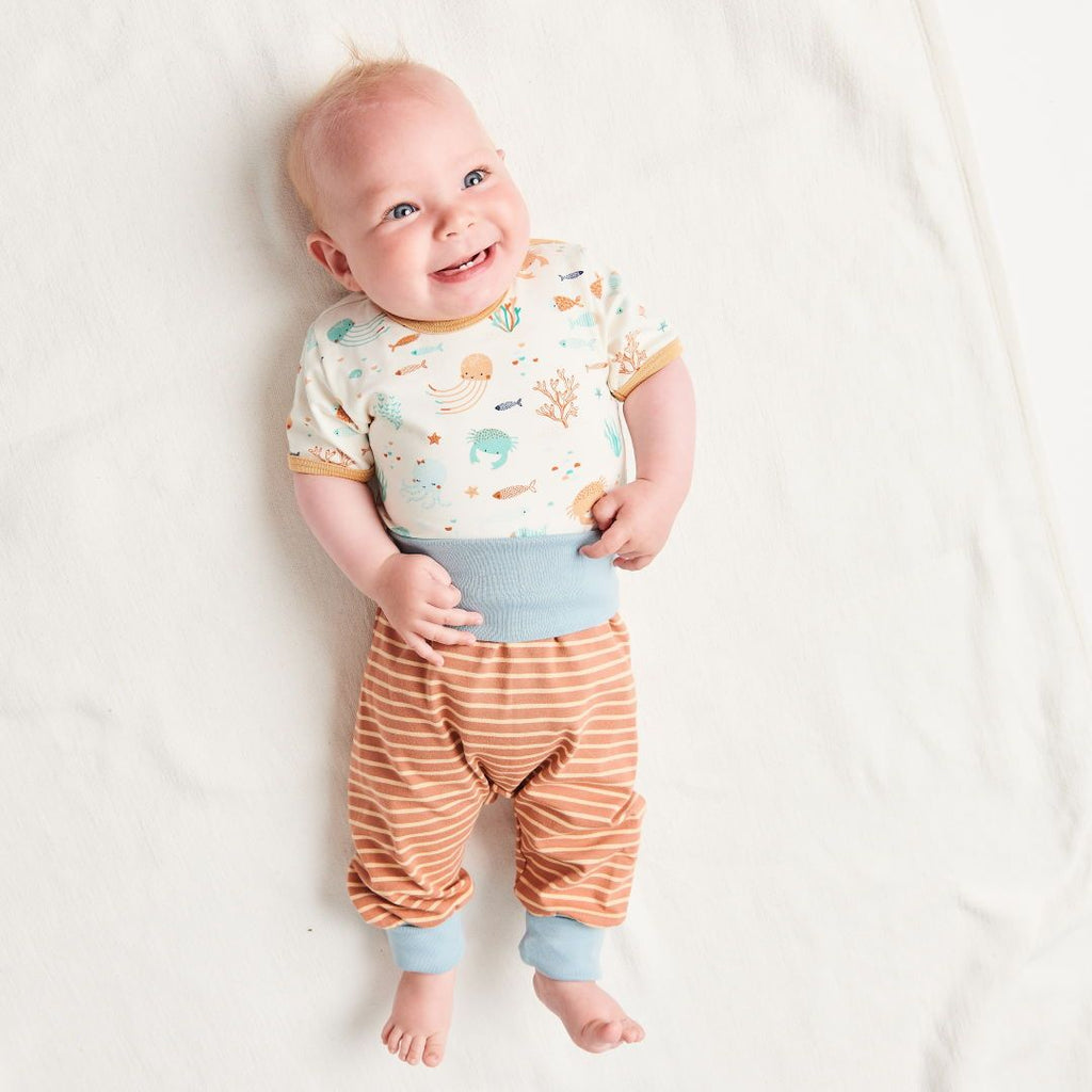 Organic rib pants "Stripes Caramel | Frost" made from 95% organic cotton and 5% elasthane